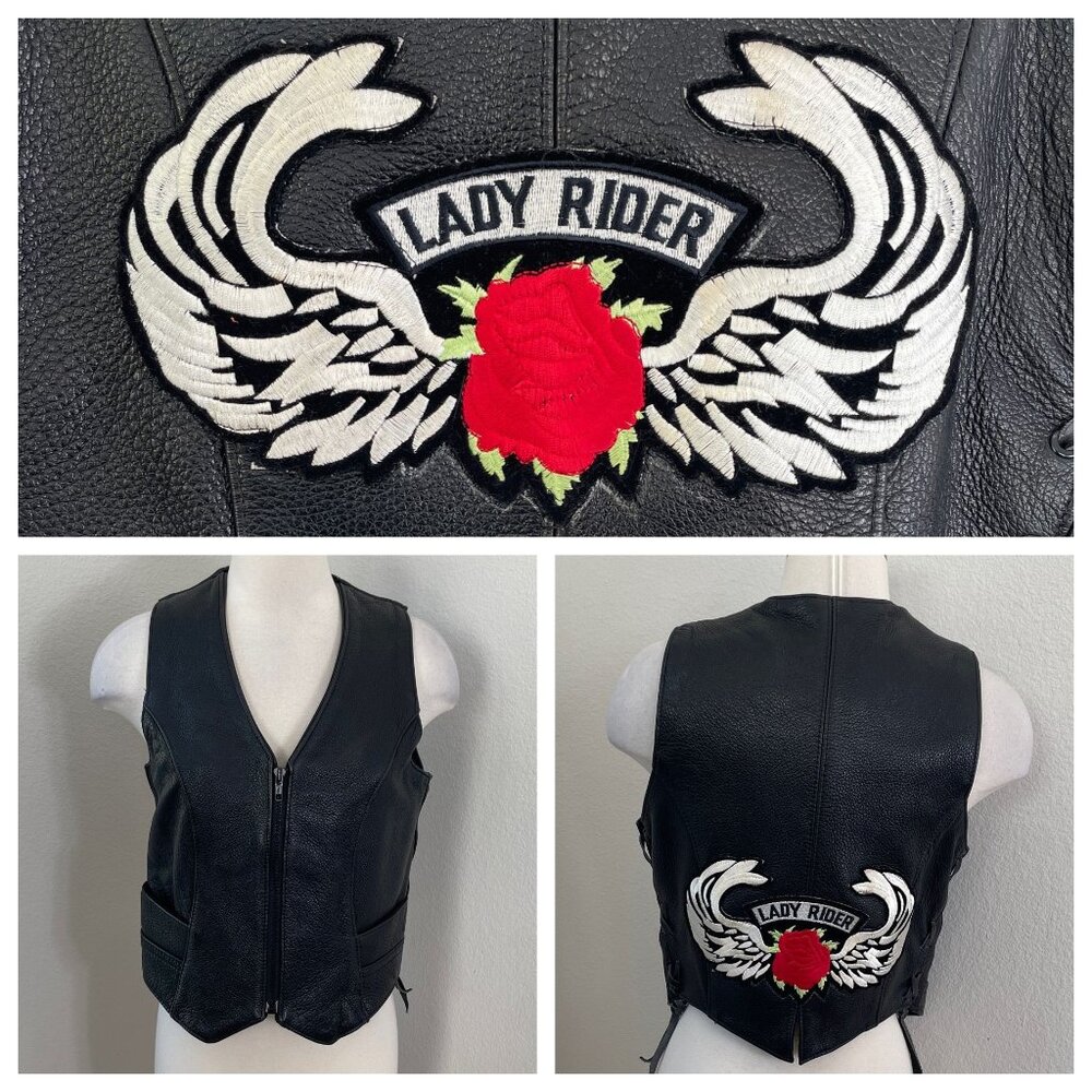 Espinozas Leather Ladies Large Black Genuine Leather Vest Embroidered Lady Rider